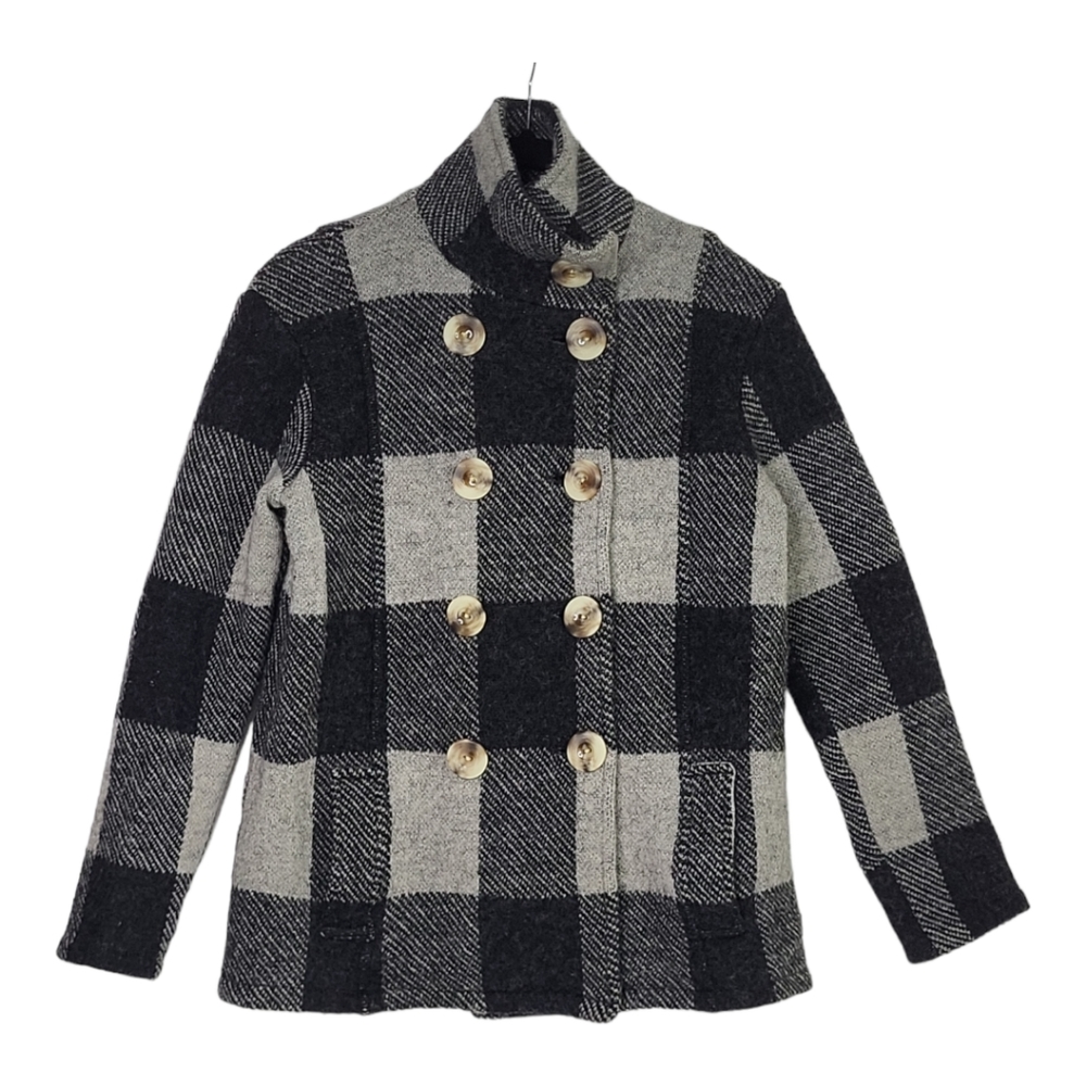 Grey Warm Wool Plaid Sweater Jacket Shacket Mock Neck Minimalist Work Attire